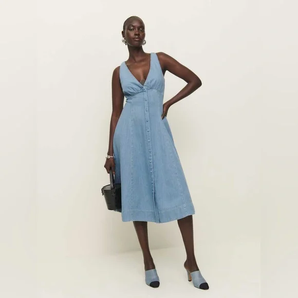 Reformation Sebastien Denim Midi Dress, Size 2, $248